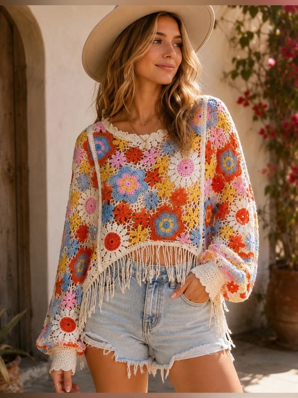 House of Harlow Crochet 1960 Floral Crochet Fringe Sweater One Size